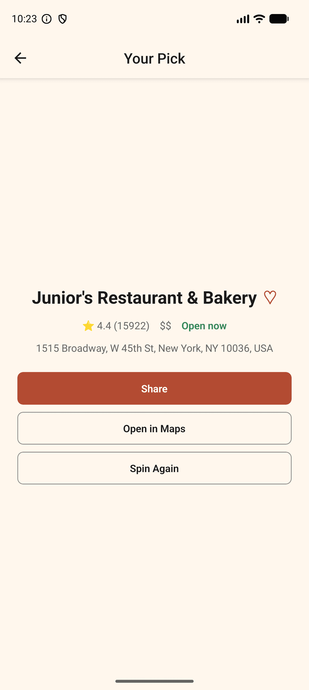 A result card after landing on a restaurant