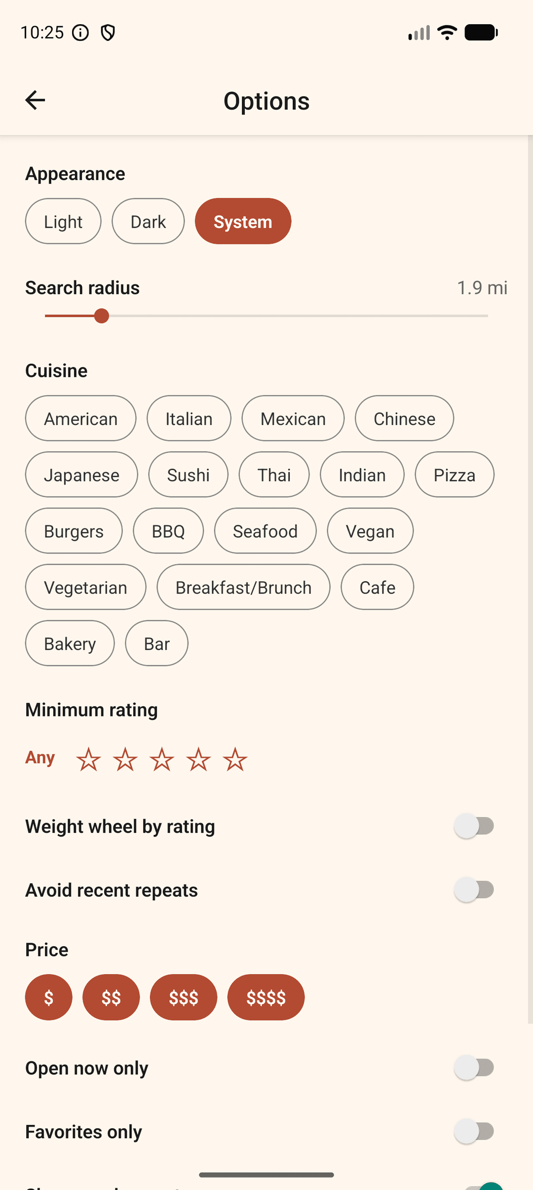 The options screen with search filters