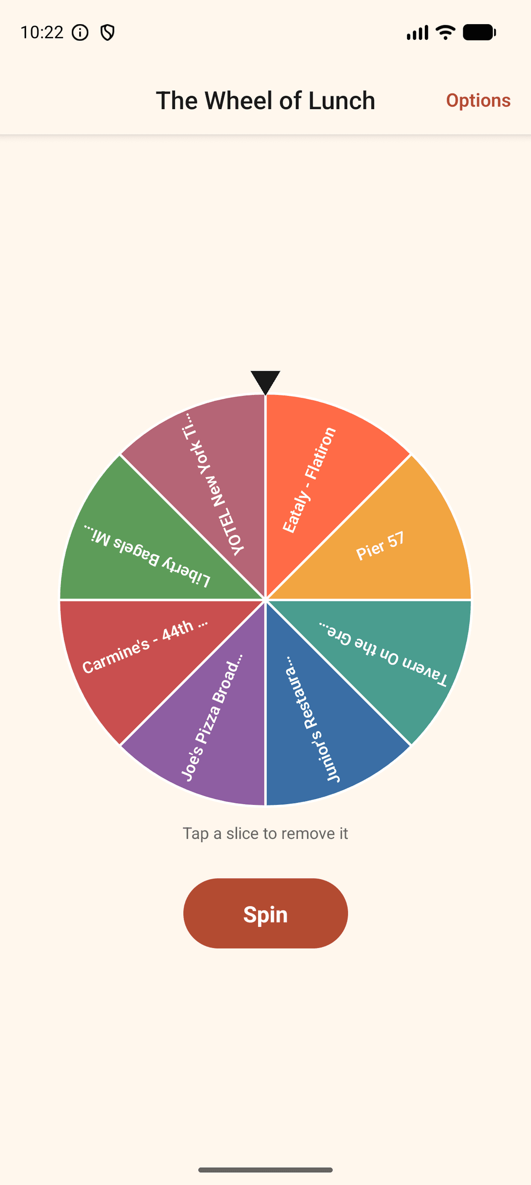 The spinning wheel populated with nearby restaurants